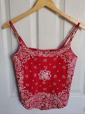 Red Bandana Handkerchief Beaded Tank Vintage Boho Western Festival Women's XL